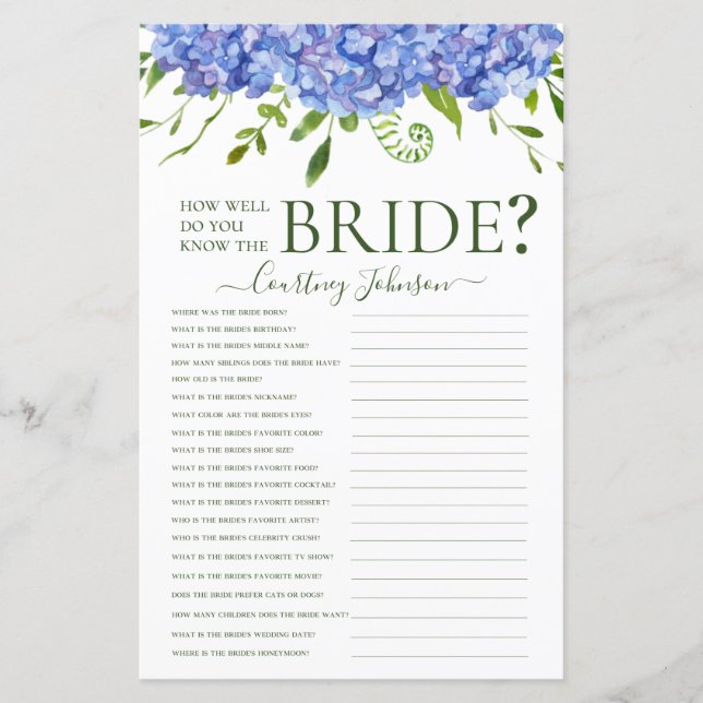 Papier Jeu de Baby Shower Mariage Hydrangeas Bleues (Devant)