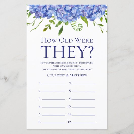 Papier Jeu de Baby Shower Mariage Hydrangeas Bleues (Devant)
