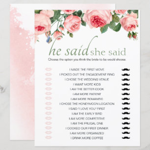 Papier Jeu de Baby Shower Mariage Il a dit Elle a dit Ros