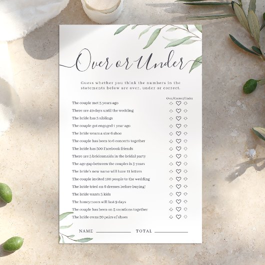 Papier Jeu de baby shower Minimal greenery Over or Under