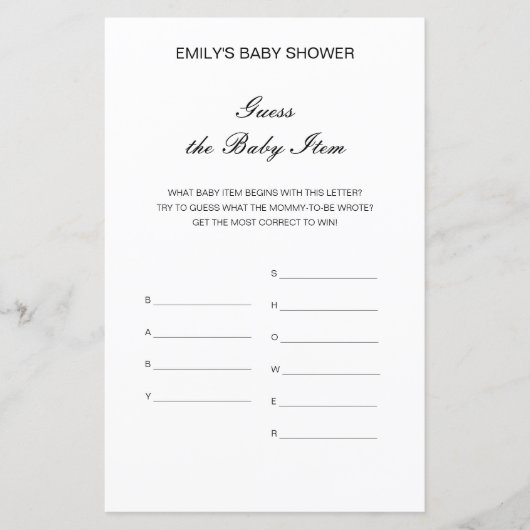 Papier Jeu de baby shower modifiable : devine l'article p (Devant)