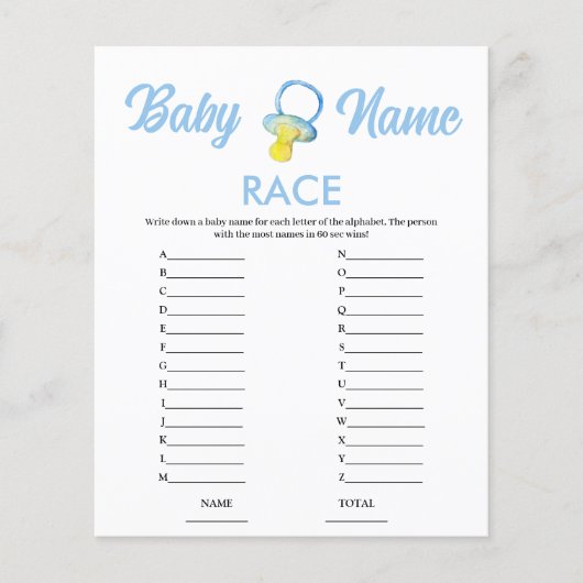 Papier Jeu de Baby Shower "Nom de la Course" Budget Bleu (Devant)