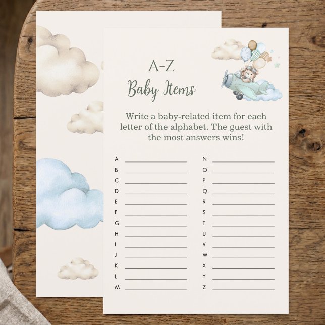 Papier Jeu de Baby Shower Objets Bébé A-Z Ourson (A to Z Baby Items Game Bearly Wait Airplane Boy)