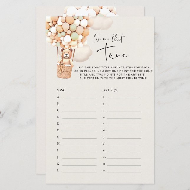 Papier Jeu de Baby Shower Ours - Identifiez cette mélodie (Devant / Derrière)