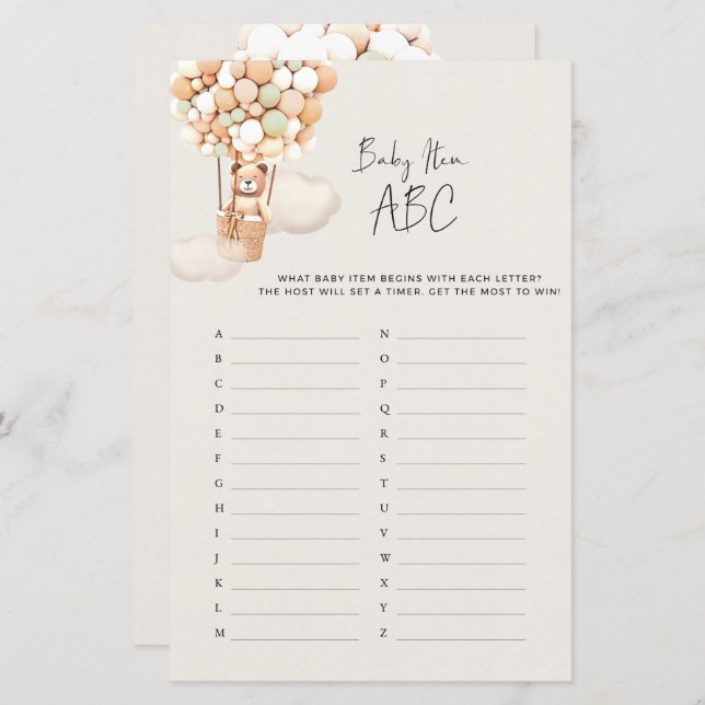Papier Jeu de Baby Shower Ours - Objet Bébé ABC (Devant / Derrière)