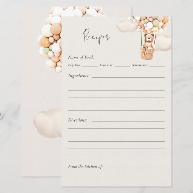 Papier Jeu de Baby Shower Ours - Recettes (Devant / Derrière)