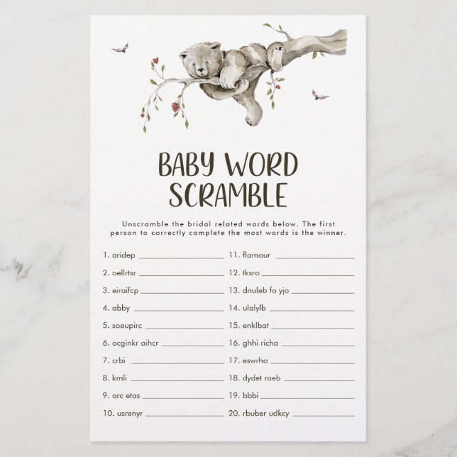 Papier Jeu de Baby Shower Ourson (Devant)