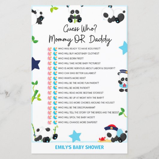 Papier Jeu de Baby shower Panda Bleu (Devant)