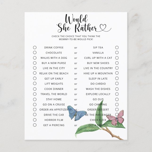 Papier Jeu de baby shower Papillon / Préférerait-elle (Devant)