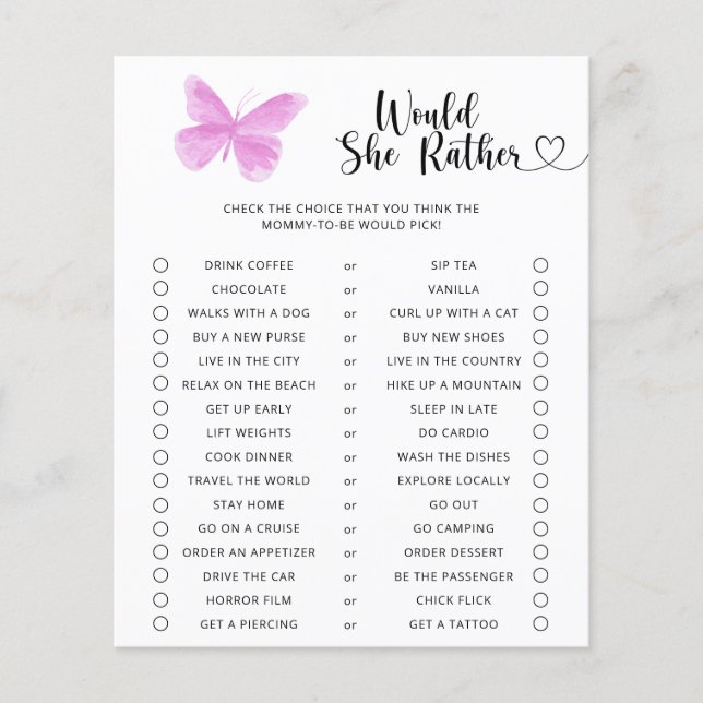 Papier Jeu de baby shower Papillon / Préférerait-elle (Devant)