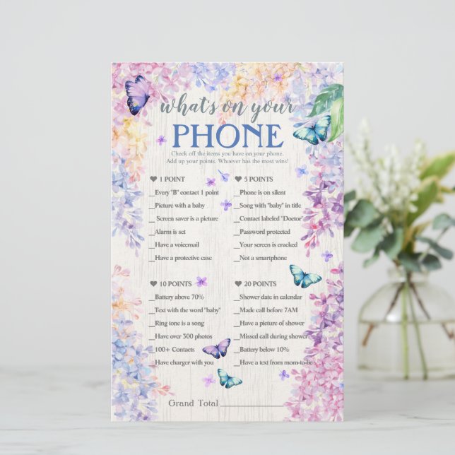 Papier Jeu de Baby shower papillon | Qu'y a-t-il sur votr (Debout devant)