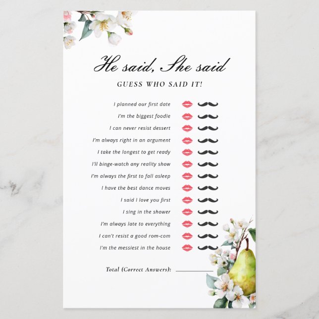 Papier Jeu de Baby Shower Parfait Poire 'Il a dit, Elle a (Devant)