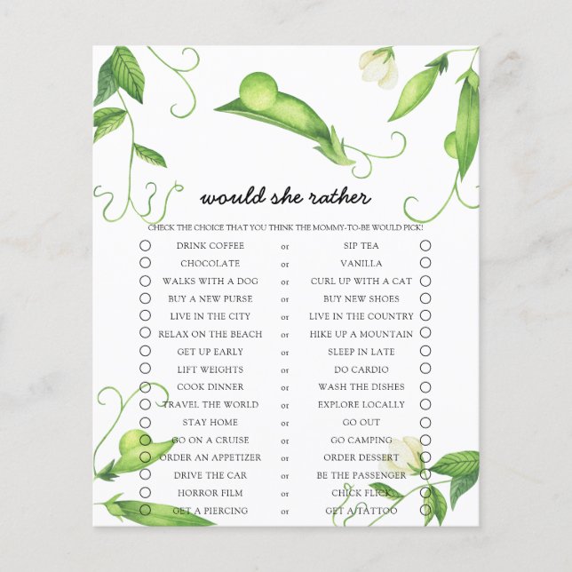 Papier Jeu de Baby Shower 'Pea Would She Rather' (Devant)
