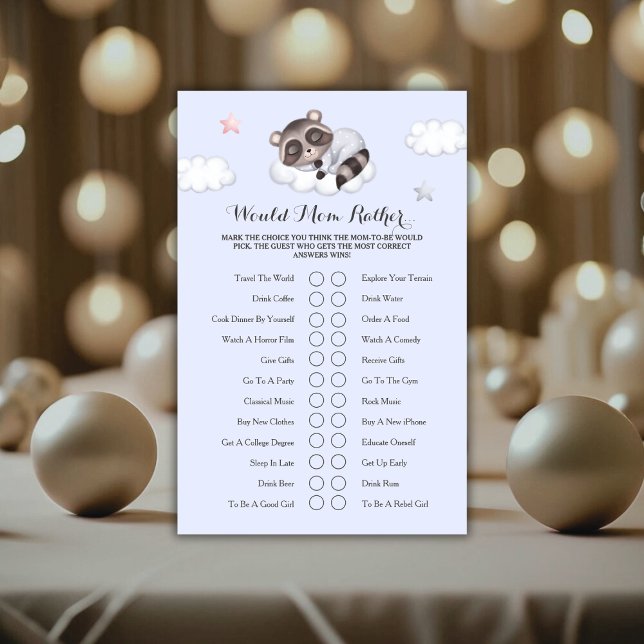 Papier Jeu de Baby Shower pour Raton Laveur "Préférerait  (Gentle Raccoon Baby Shower Game Would Mom Rather)