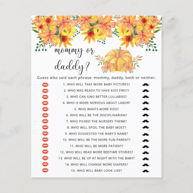 Papier Jeu de baby shower 'Pumpkin maman ou papa' d'autom (Devant)