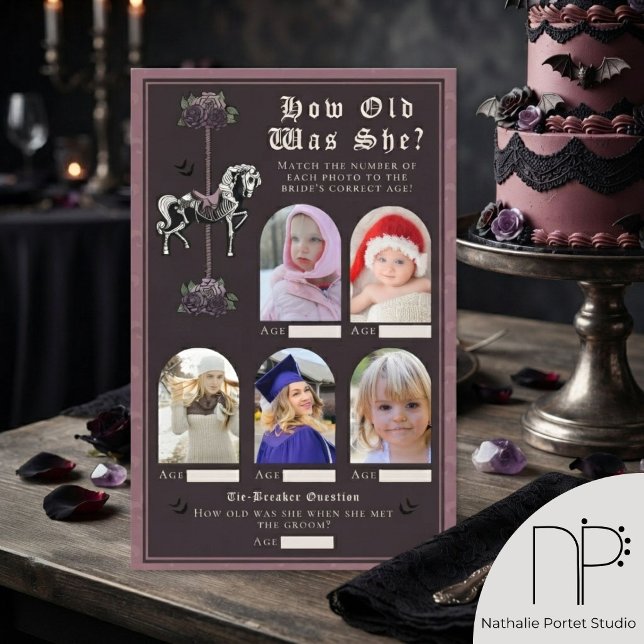 Papier Jeu de Baby Shower Quel Âge Avait-elle Cheval de S (hand-drawn vintage carousel skeleton horse and mauve roses for a chic dark romance aesthetic. )