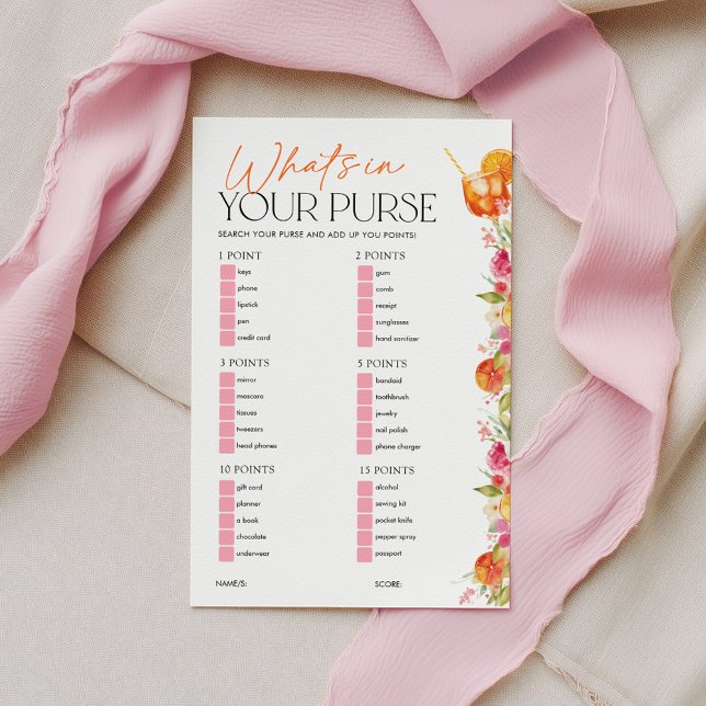 Papier Jeu de Baby Shower : Qu'est-ce qu'il y a dans votr (What's in your purse? Bridal Shower game | Love at First Spritz Floral Citrus theme)