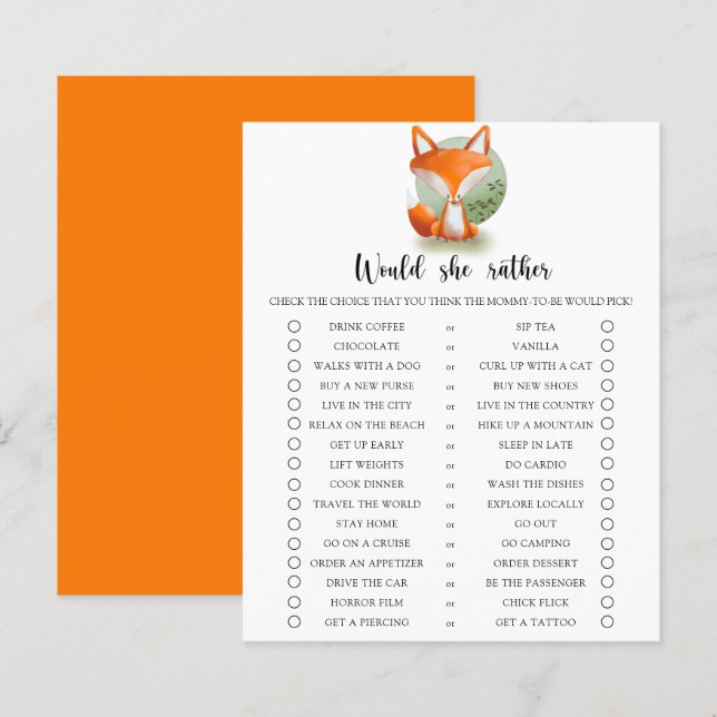 Papier Jeu de baby shower « Renardeau / Que préférerait-e (Devant / Derrière)