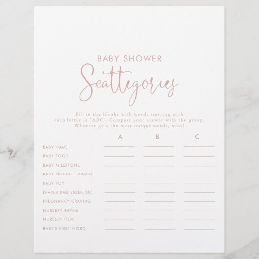 Papier Jeu de Baby shower rose Gold Script (Devant)