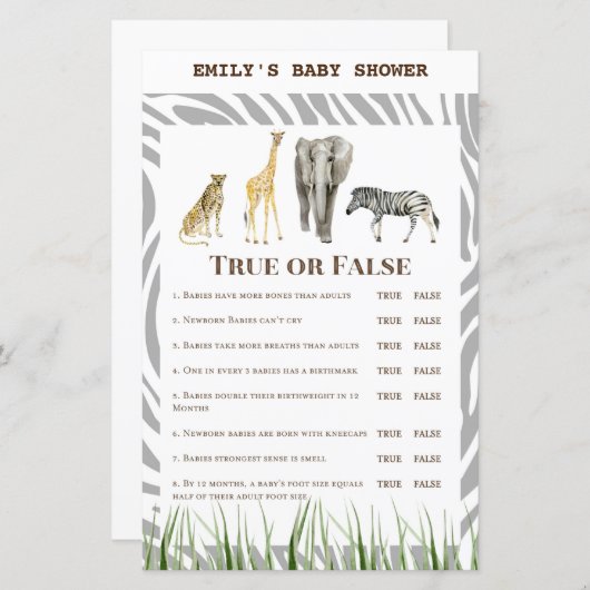 Papier Jeu de Baby shower sauvage africain IMPRIMÉ (Devant / Derrière)