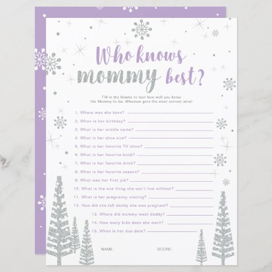 Papier Jeu de Baby shower Silver & Purple Winter Wonderla (Devant / Derrière)