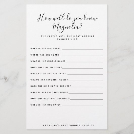 Papier Jeu de Baby shower simple (Devant)