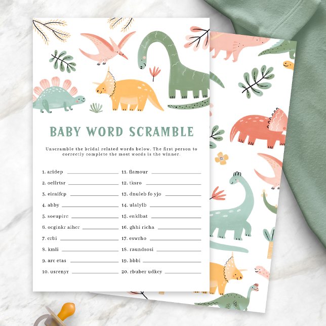 Papier Jeu de Baby Shower sur le thème des dinosaures (Dinosaur Baby Shower Baby Word Scramble Game Card by Painted Paperie)