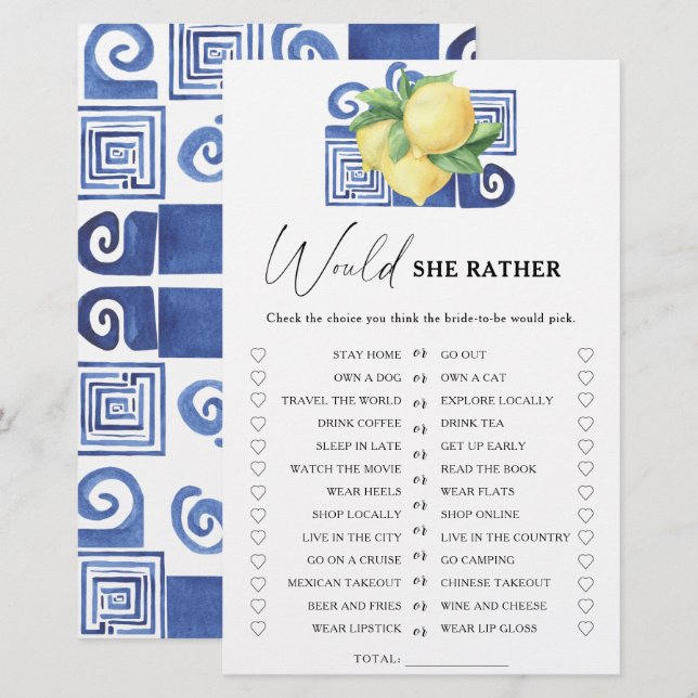 Papier Jeu de baby shower sur le thème du citron (Devant / Derrière)
