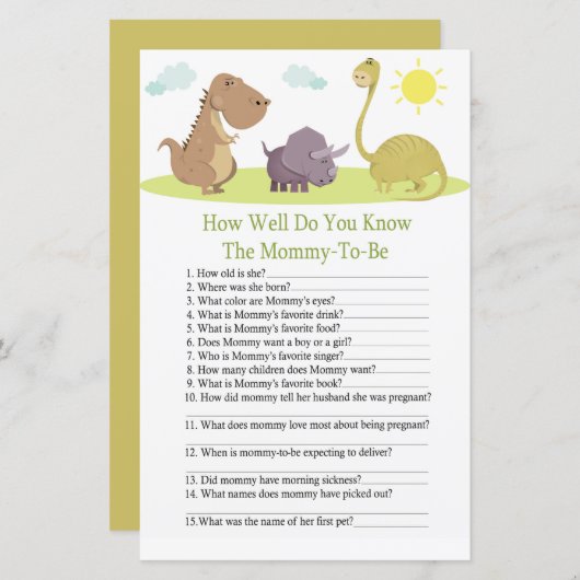 Papier Jeu de baby shower sur les dinosaures (Devant / Derrière)