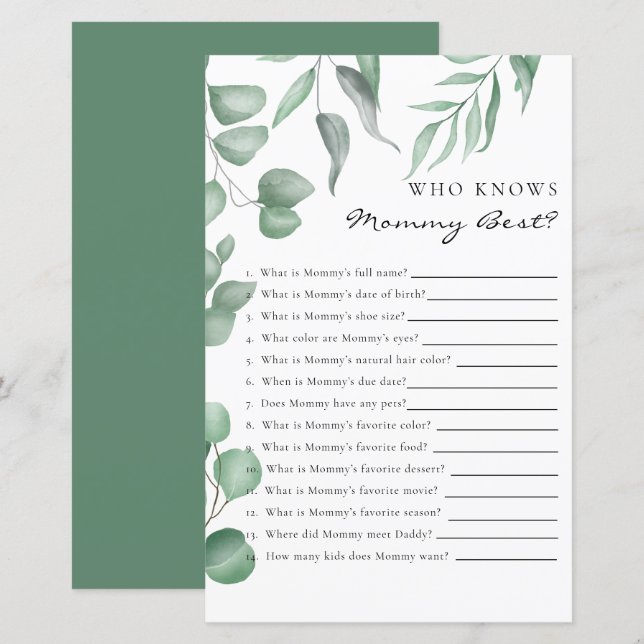 Papier Jeu de Baby Shower sur l'eucalyptus: Qui connaît l (Devant / Derrière)