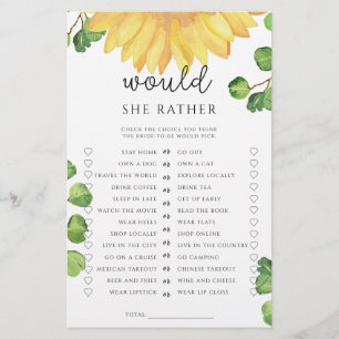 Papier Jeu de baby shower "Tournesol Would she rather"