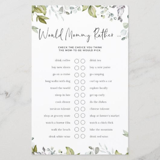 Papier Jeu de Baby shower verdoyant - Est-Ce Que Maman Pl (Devant)