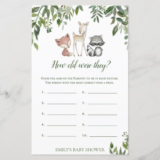 Papier Jeu de Baby shower Woodland - Quel Âge Avaient-Ils (Devant)