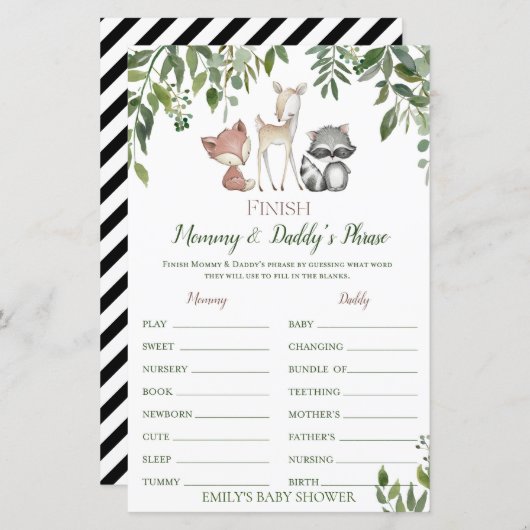 Papier Jeu de Baby shower Woodland - Terminer la phrase (Devant / Derrière)