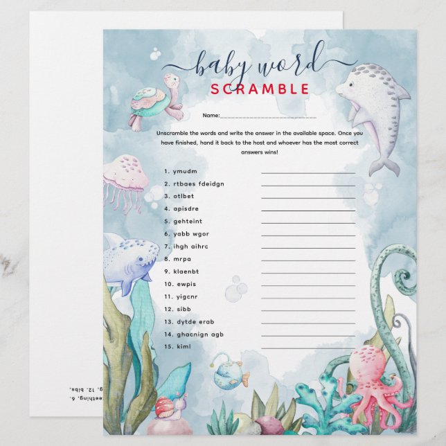 Papier Jeu de Baby shower "Word Scramble" sous la mer (Devant / Derrière)