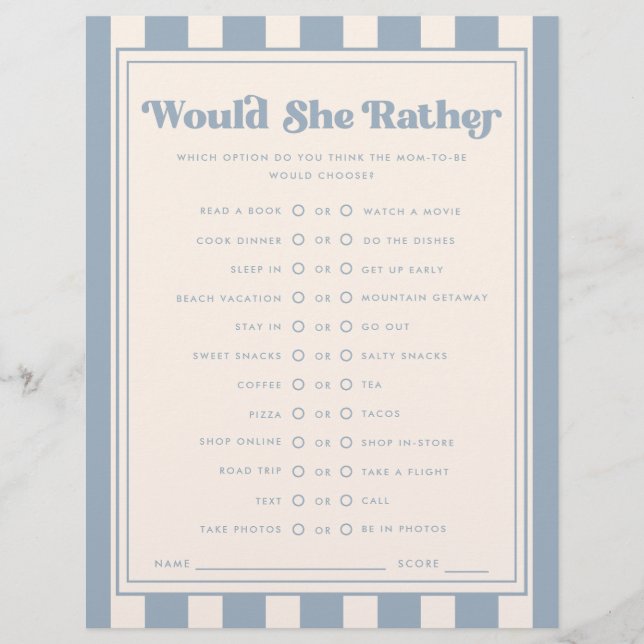 Papier Jeu de baby shower "Would She Rather" bleu moderne (Devant)