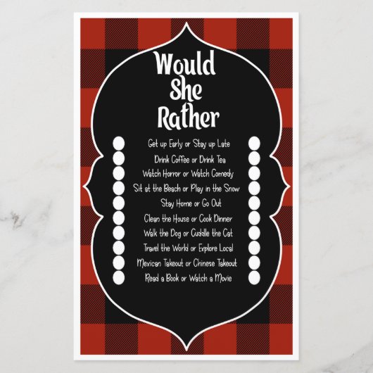 Papier Jeu de Baby Shower 'Would she Rather Red Flannel' (Devant)
