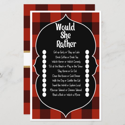 Papier Jeu de Baby Shower 'Would she Rather Red Flannel B (Devant / Derrière)