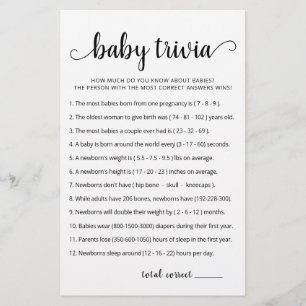 Papier Jeu de Baby Trivia avec réponses Baby Shower party