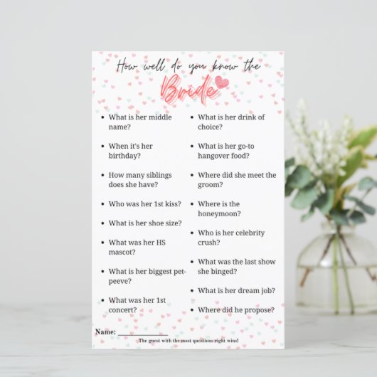 Papier Jeu de Bachelorette "Comme vous connaissez bien la (Debout devant)