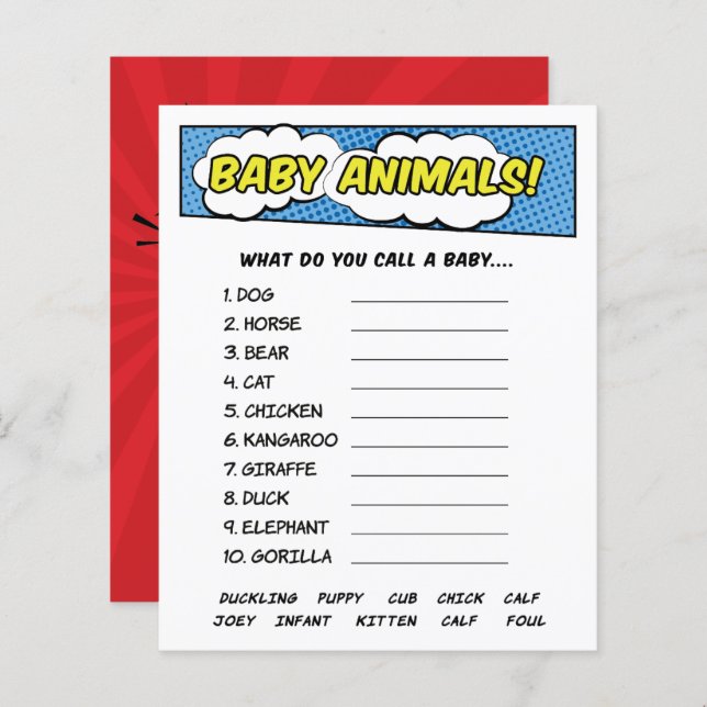 Papier Jeu de bébé animaux super-héros de bande dessinée  (Devant / Derrière)