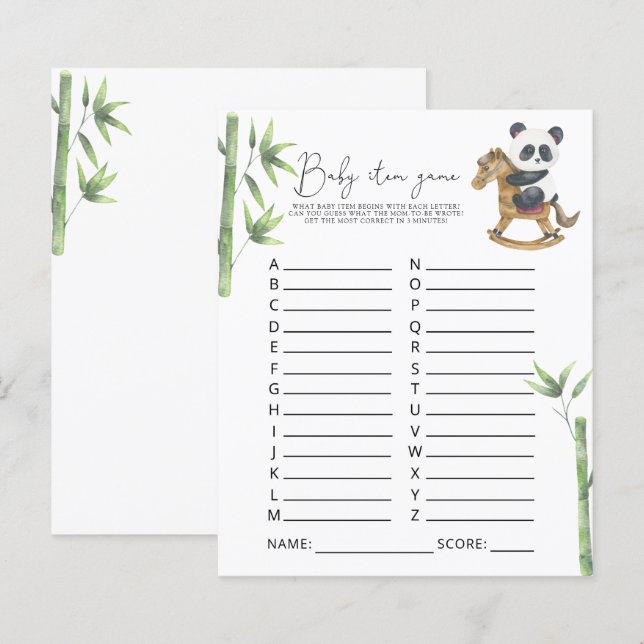 Papier Jeu de bébé Panda. Jeu de Baby Shower (Devant / Derrière)