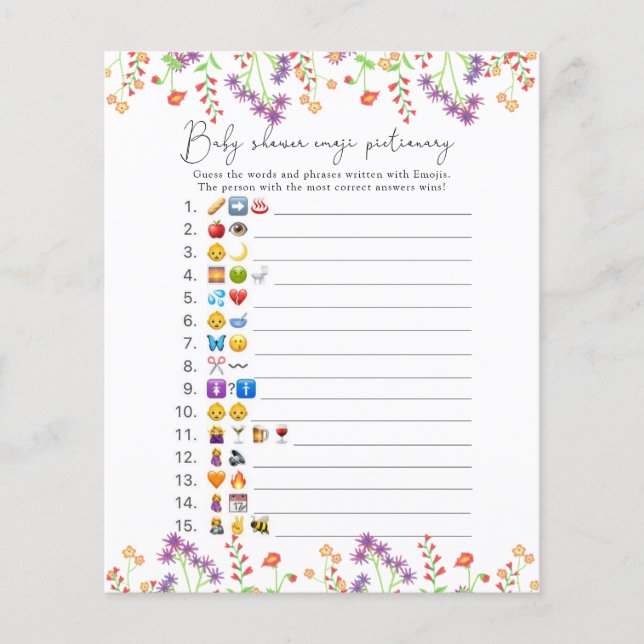 Papier Jeu de bébé shower avec l'image d'emoji de fleurs  (Devant)