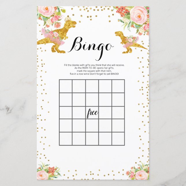 Papier Jeu de bingo à l'aquarelle Dino rose et or (Devant)