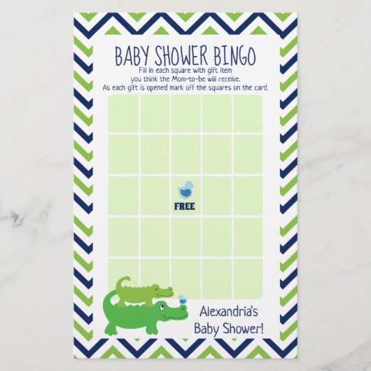 Papier Jeu de Bingo Baby Shower Alligator Chic (Devant)