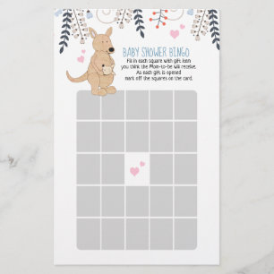 Papier Jeu de Bingo Baby Shower Bohème Garçon Kangourou