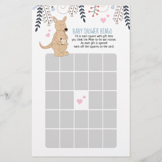 Papier Jeu de Bingo Baby Shower Bohème Garçon Kangourou (Devant)
