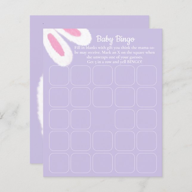 Papier Jeu de Bingo Baby shower Bunny mauve (Devant / Derrière)