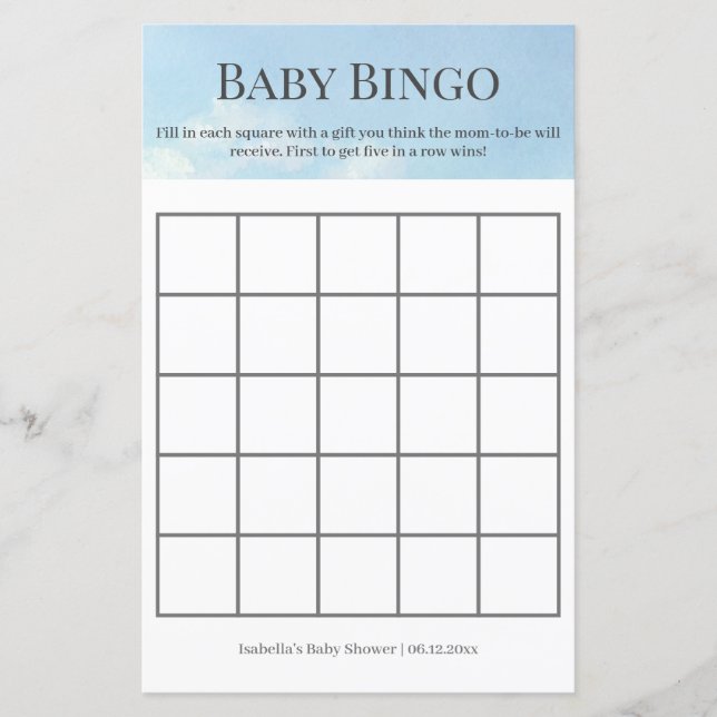 Papier Jeu de bingo Baby Shower Ciel et Nuages Magnifique (Devant)