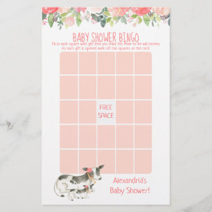Papier Jeu de Bingo Baby Shower Fleurie Vache